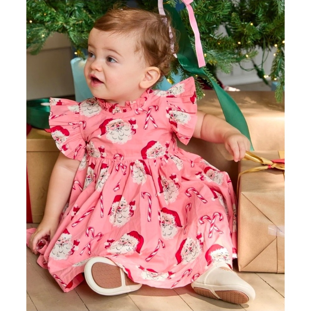 Pink Chicken Santa Candy Cane Pink Holiday Dress Bloomer Set 6-12M Kids - Picture 1 of 6